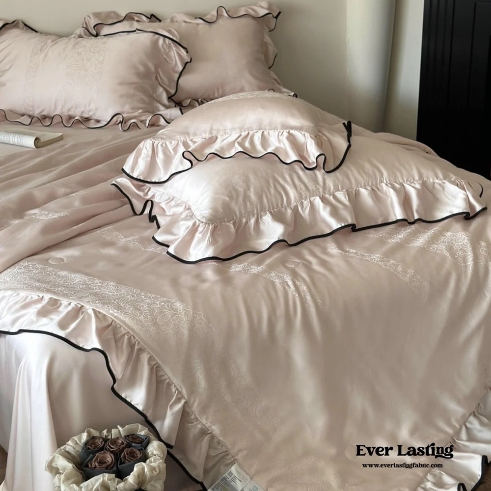 Everlastingfabric silky ruffle bedding duvet cover, queen set in dusty pink.